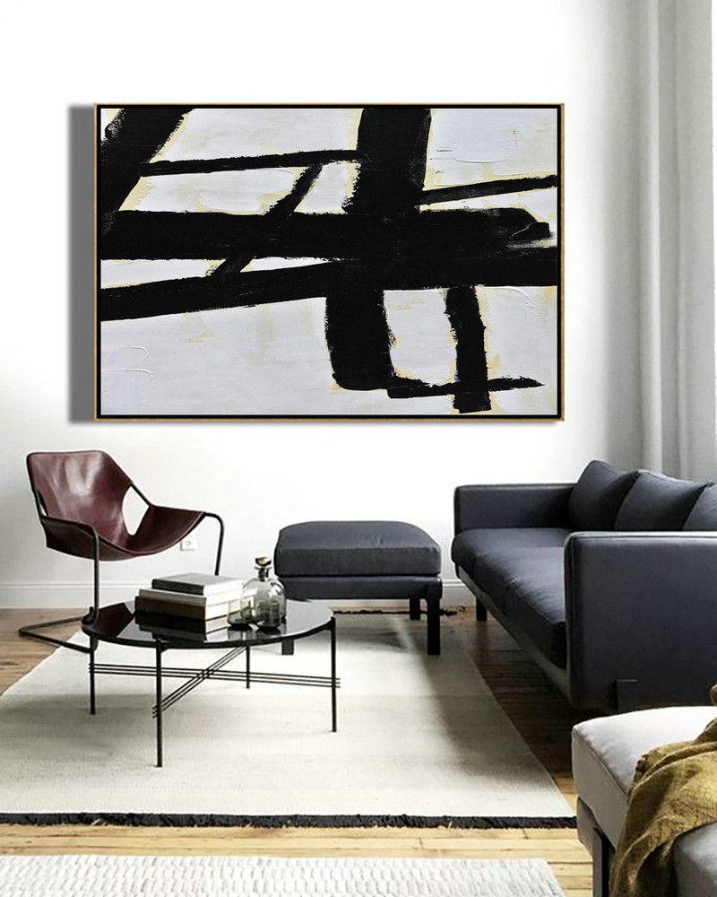 Large Contemporary Painting,Horizontal Palette Knife Minimal Canvas Art Painting Black White Beige - Acrylic Painting On Canvas